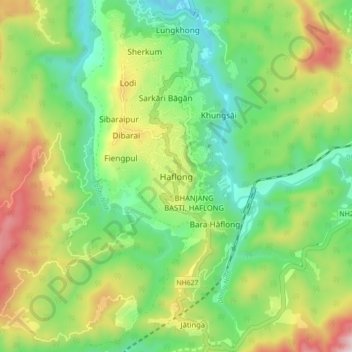 Mapa topográfico Haflong, altitud, relieve