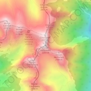 Mapa topográfico Cimon del Cavallo, altitud, relieve