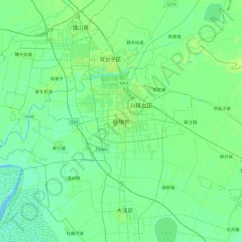 Mapa topográfico 盘锦市, altitud, relieve
