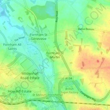 Mapa topográfico Fornham St Martin, altitud, relieve
