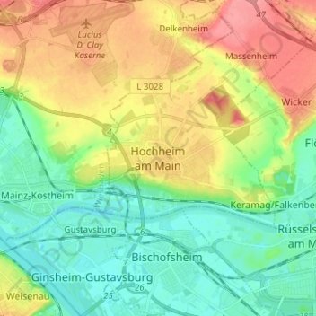 Mapa topográfico Hochheim am Main, altitud, relieve