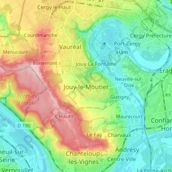 Mapa topográfico Jouy-le-Moutier, altitud, relieve