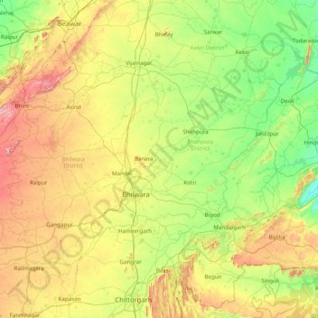 Mapa topográfico Bhilwara, altitud, relieve