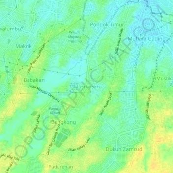 Mapa topográfico Mustikasari, altitud, relieve