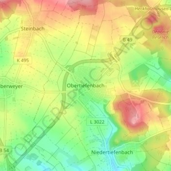 Mapa topográfico Obertiefenbach, altitud, relieve