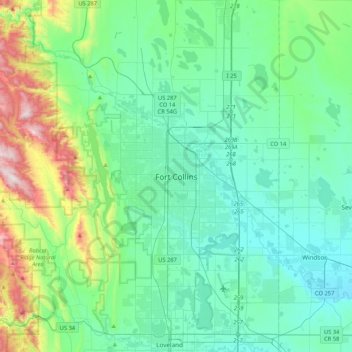Mapa topográfico Fort Collins, altitud, relieve