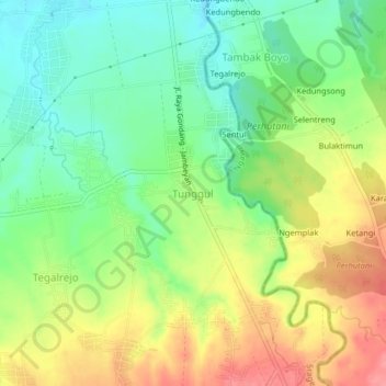 Mapa topográfico Tunggul, altitud, relieve