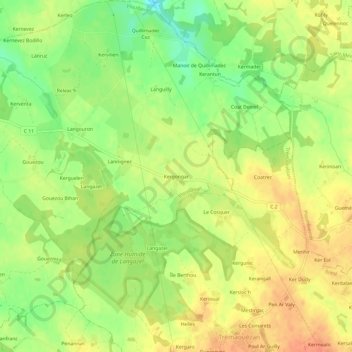 Mapa topográfico Kergongar, altitud, relieve