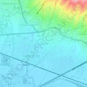 Mapa topográfico Cibiru Hilir, altitud, relieve