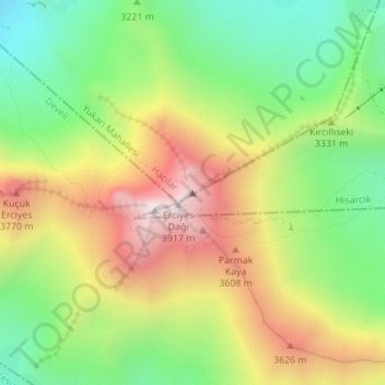 Mapa topográfico Monte Erciyes, altitud, relieve