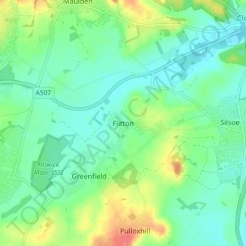Mapa topográfico Flitton, altitud, relieve