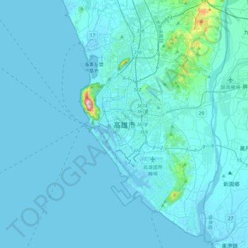 Mapa topográfico Kaohsiung, altitud, relieve