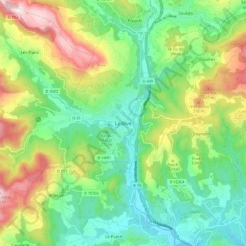 Mapa topográfico Lodève, altitud, relieve