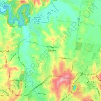 Mapa topográfico Chirnside Park, altitud, relieve