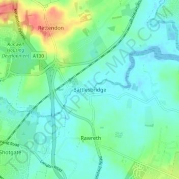 Mapa topográfico Battlesbridge, altitud, relieve