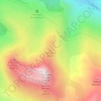 Mapa topográfico Campanil, altitud, relieve
