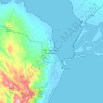 Mapa topográfico Sant'Antioco, altitud, relieve