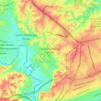 Mapa topográfico Santo Domingo Oeste, altitud, relieve