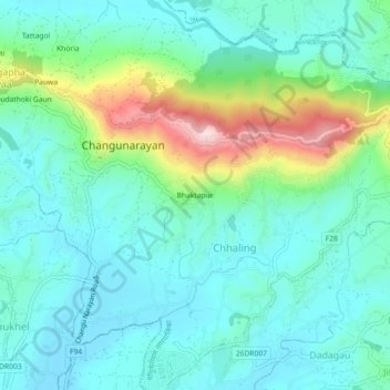 Mapa topográfico Bhaktapur, altitud, relieve
