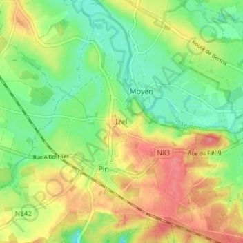 Mapa topográfico Izel, altitud, relieve