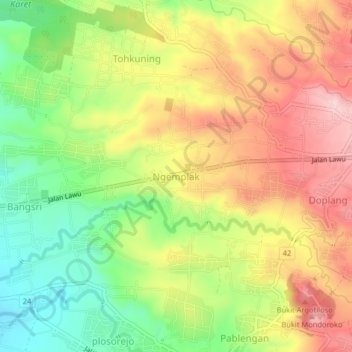 Mapa topográfico Ngemplak, altitud, relieve