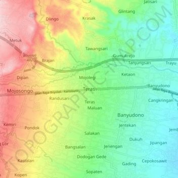 Mapa topográfico Teras, altitud, relieve