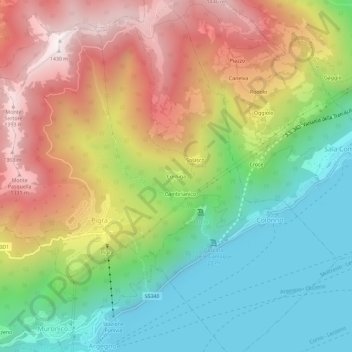 Mapa topográfico Corniga, altitud, relieve