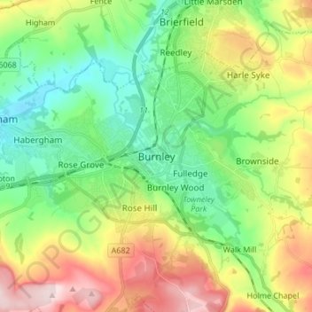 Mapa topográfico Burnley, altitud, relieve