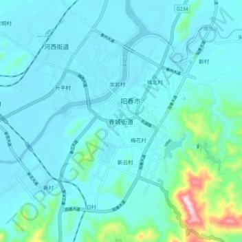 Mapa topográfico 春城街道, altitud, relieve