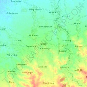 Mapa topográfico Jaken, altitud, relieve