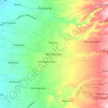 Mapa topográfico Wonomulyo, altitud, relieve