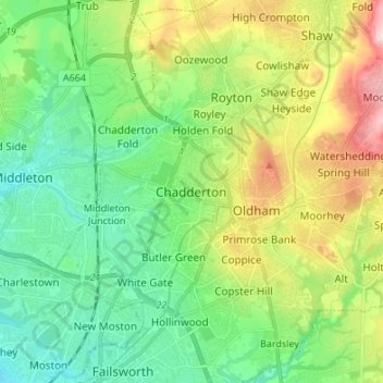 Mapa topográfico Chadderton, altitud, relieve