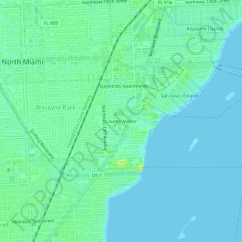 Mapa topográfico Courtly Manor, altitud, relieve