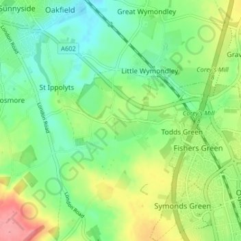 Mapa topográfico Redcoats Green, altitud, relieve