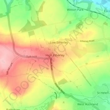 Mapa topográfico High Etherley, altitud, relieve
