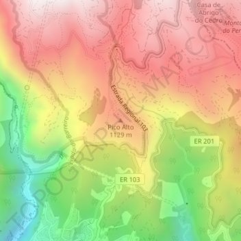 Mapa topográfico Pico Alto, altitud, relieve