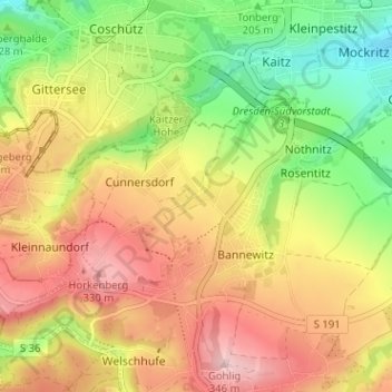 Mapa topográfico Boderitz, altitud, relieve