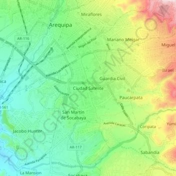Mapa topográfico Ciudad Satélite, altitud, relieve