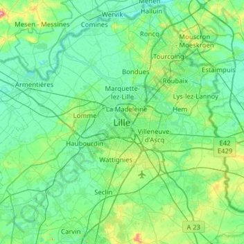 Mapa topográfico Lille, altitud, relieve