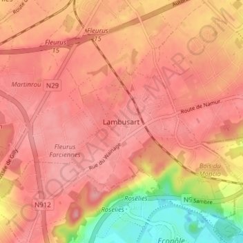 Mapa topográfico Lambusart, altitud, relieve