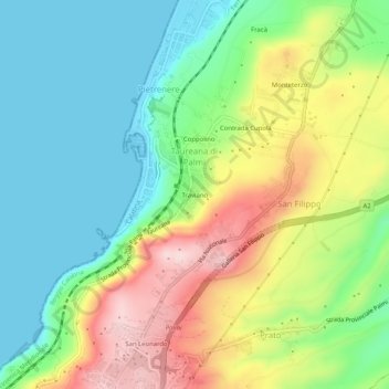 Mapa topográfico Traviano, altitud, relieve