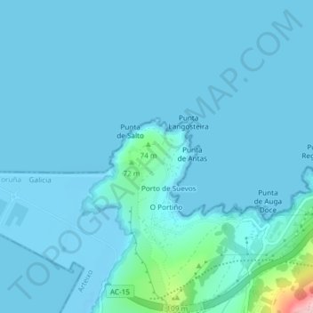Mapa topográfico Langosteira, altitud, relieve