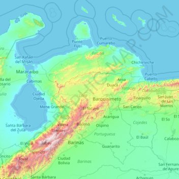 Mapa topográfico Lara, altitud, relieve