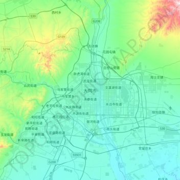 Mapa topográfico 大同市, altitud, relieve
