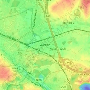 Mapa topográfico Warchin, altitud, relieve