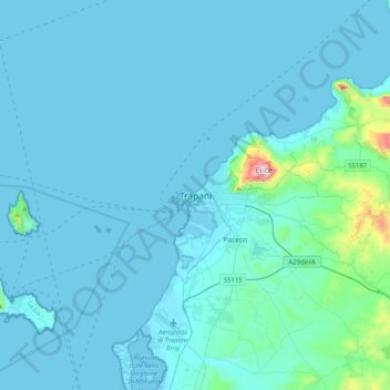 Mapa topográfico Trapani, altitud, relieve