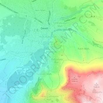 Mapa topográfico Bahçebaşı, altitud, relieve
