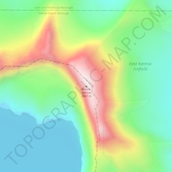 Mapa topográfico Mount Katmai, altitud, relieve