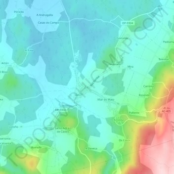 Mapa topográfico Zas, altitud, relieve