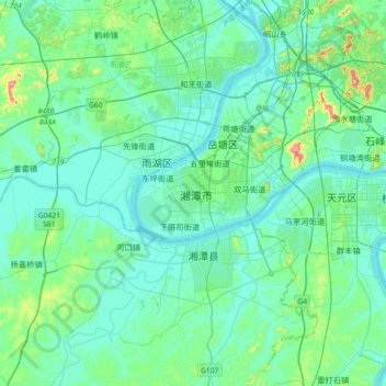 Mapa topográfico 湘潭市, altitud, relieve